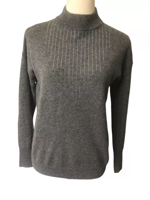 Neiman Marcus 100% Cashmere Collection Gray Embellished Mock Neck Sweater XS
