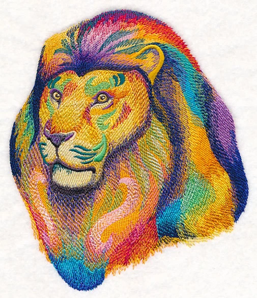 Embroidered Short-Sleeved T-Shirt - Vibrant Lion in Watercolor M12163