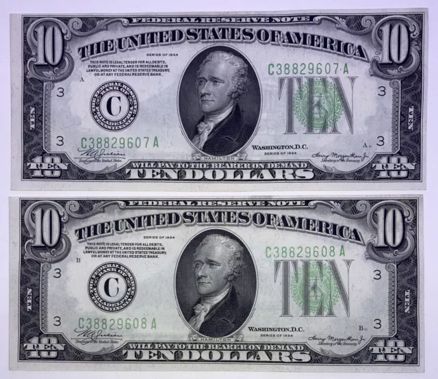 1934 ($10) Ten Dollar  Green Seal Consecutive Set Of (2) Two Notes
