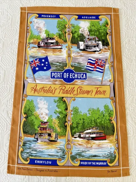 Vintage Harwil Tea Towel w Port of Echuca Pattern Australian Paddle Steamer Art