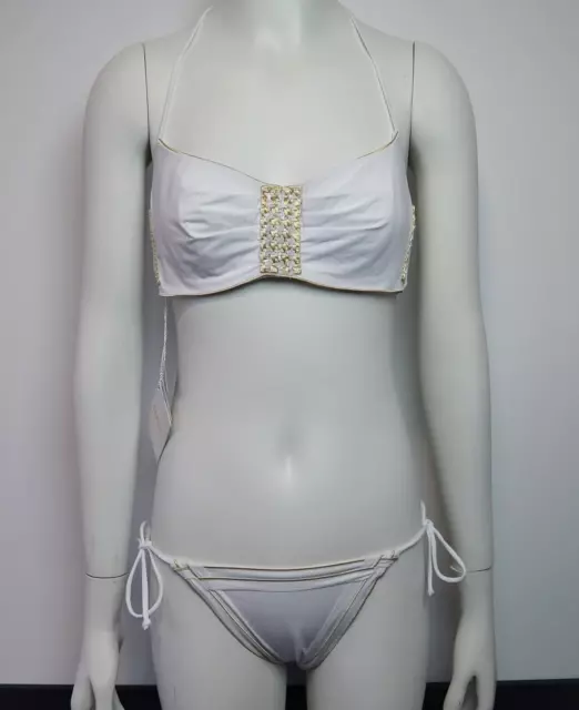 LA PERLA Sequin Embellished Bikini Swimsuit Black Soft C Cup 42 6US White Gold 2