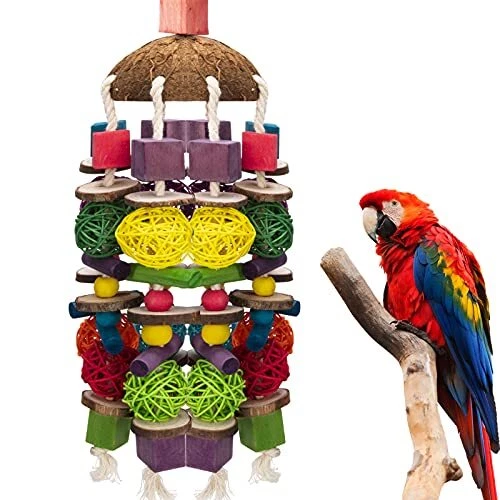 Large Bird Parrot Toys, Multicolored Wooden Blocks Bird Chewing Toy Parrot