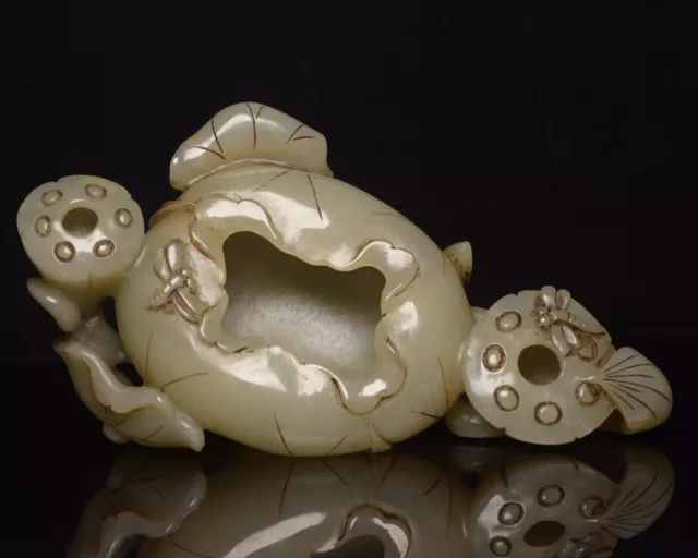 Chinese Exquisite Handmade Lotus carving Hetian Jade Statue