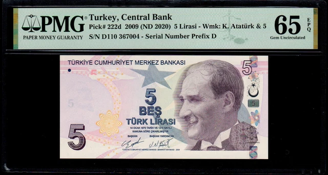 Turkey 5 Lirasi, 2009 (ND 2020), p-222d, PMG 65 EPQ Gem Uncirculated