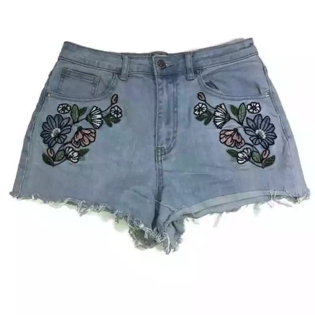 Forever 21 Womens Jean Shorts Juniors Sz 27 Floral Embroidered Light Wash Booty