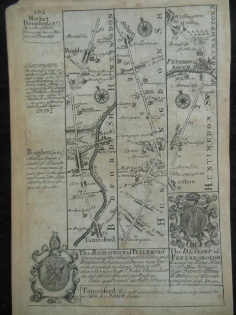 THAMESFORD, TAMESFORD, PETERBOROUGH Original c1720 Antique Owen & Bowen Road Map