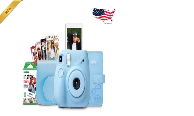 Instax Mini 7+ Camera Bundle with Frame Stickers Mini Photo Album Light Blue