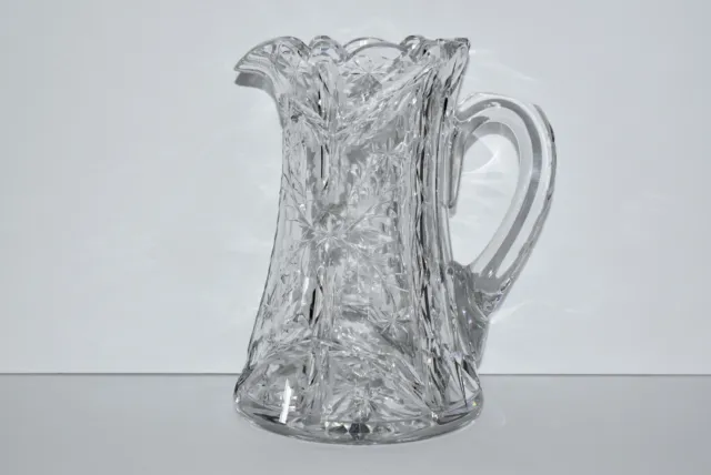 Antique American Brilliant Period Cut Glass 9-3/4” Pitcher, Thumbprint Handle