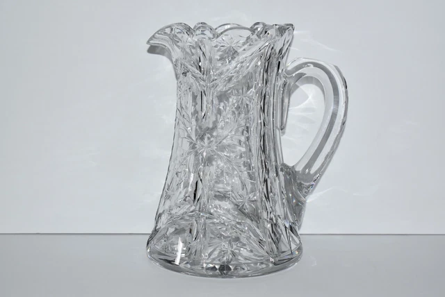Antique American Brilliant Period Cut Glass 9-3/4” Pitcher, Thumbprint Handle