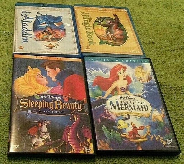 4 Walt Disney DVD & Blu-Ray Lot Aladdin Sleeping Beauty Mermaid & Jungle Book