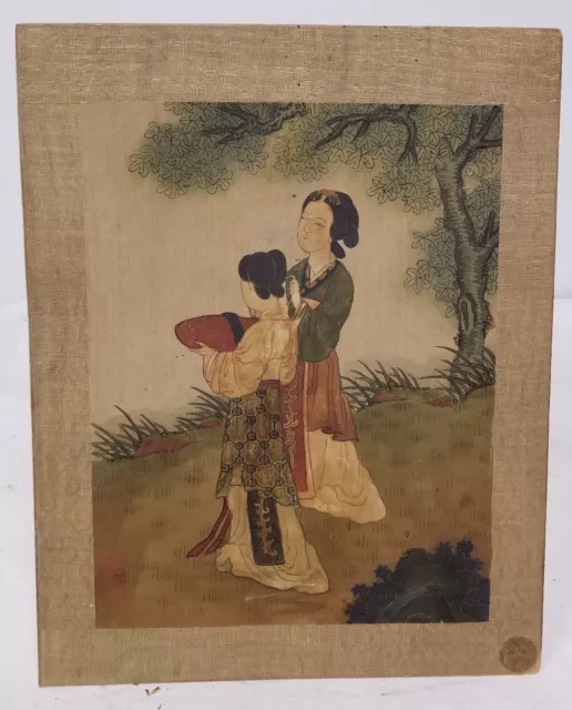 Antique Chinese Scroll Painting Ladies Landscape Signed Seals Silk