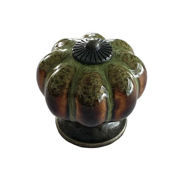 Antique Green Ceramic Door Knobs Vintage Pumpkin Style Cabinet Drawer pulls