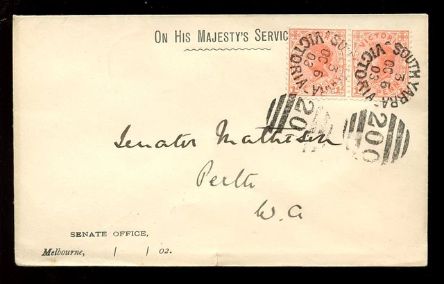 AUSTRALIA VICTORIA 1903 OFFICIAL ENVELOPE MELBOURNE SENATE to MATHISON in PERTH
