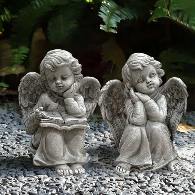 Statue Ange Jardin Résine - Ange Assis Avec Oiseau, Décoration Extérieure Terrasse Cour 30,5cm - 6