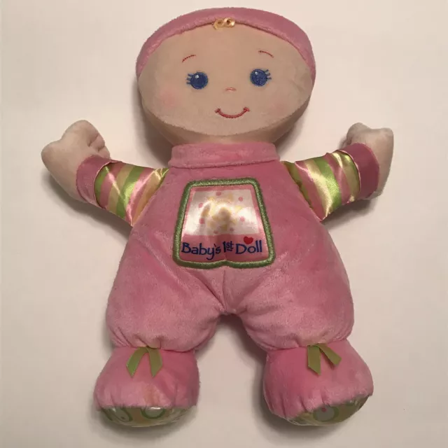 Fisher Price Babys First 1st Doll Plush Stuffed Toy Rattle Pink Green 10" Lovey
