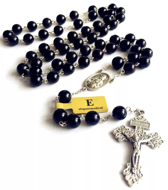 XL 10MM Black Obsidian BEAD 5 DECADE ROSARY CROSS Catholic NECKLACE Mens GIFT