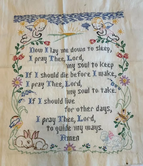 Vintage Sampler Now I Lay Me Down To Sleep Child's Prayer Embroidered Unframed