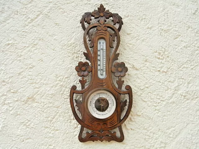 Jugendstil Holosteric Barometer Holz geschnitzt Thermometer um1910 Wetterstation