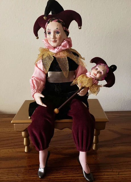 Hamilton Collection "The Entertainer" porcelain doll; golden bench; marotte