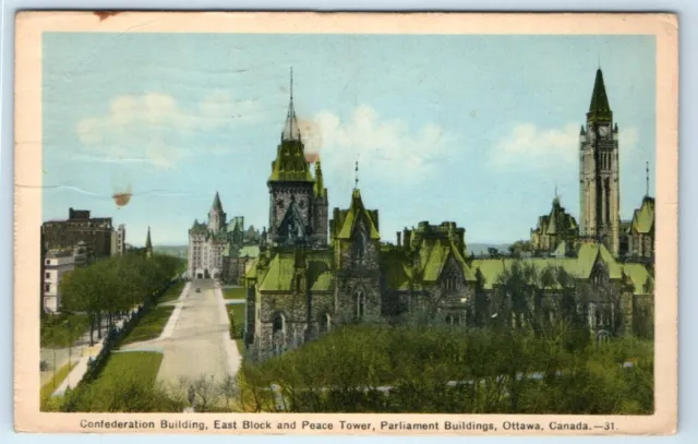 Confederation Building Peace Tower Parliament OTTOWA Canada 1939 Postcard