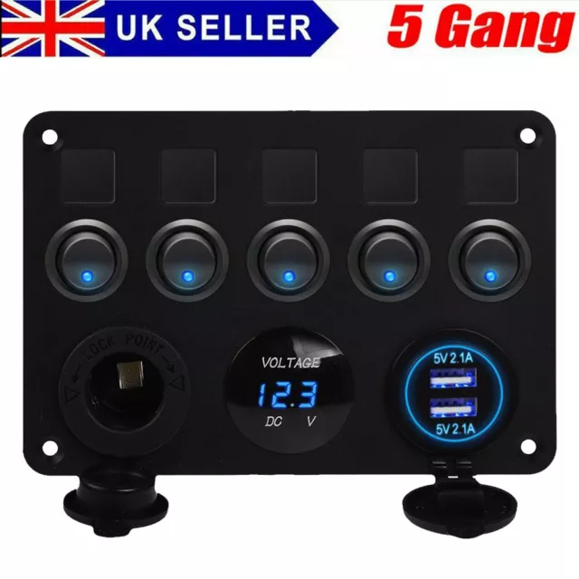 5 Gang Rocker Switch Panel Blue LED Light For Car Caravan Boat RV Marine 12V/24V