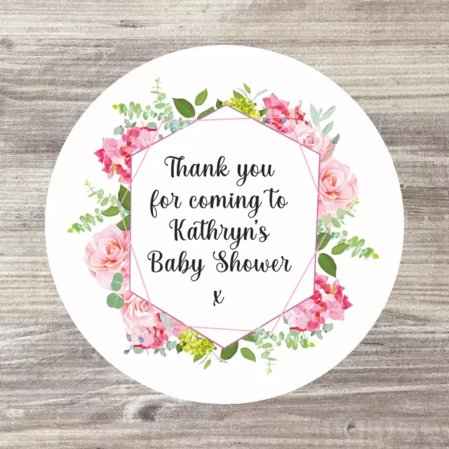 48 x Personalised Baby Shower Stickers, Custom Stickers, Pink, Girl, Thank You