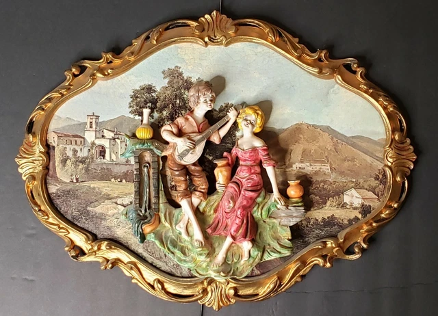 Vintage 3D Empire Figural Art Wall Plaque Ornate Frame Italy Playing Music
