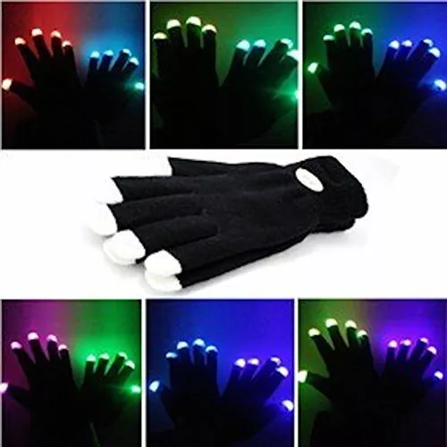 Guanti Lampeggianti Glow 7 Mode LED Rave Light Finger Lighting Mitt Nero (h6o)