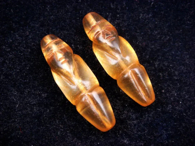 Pair Old Tibetan Crystal Carved Ancient Figurine Shaped Beads #02062301