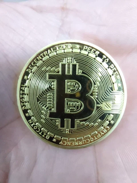 Bitcoin Commemorative Coin 24K Gold Plated, 1.6" Dia. BTC Cryptocurrency