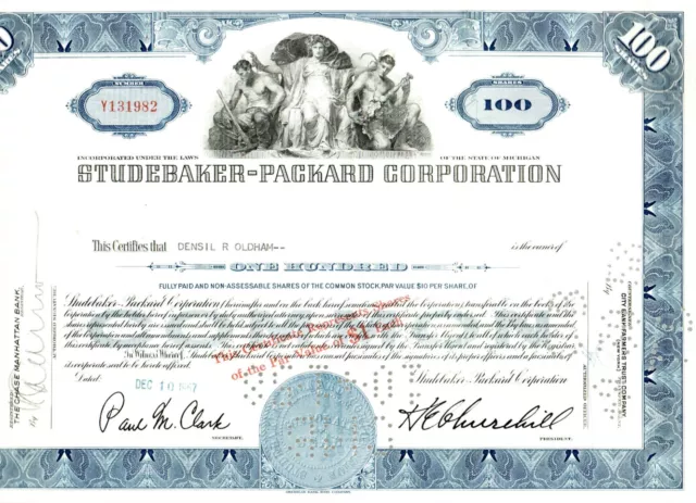 Studebaker- Packard Corporation Stock Certificate 100 Shares