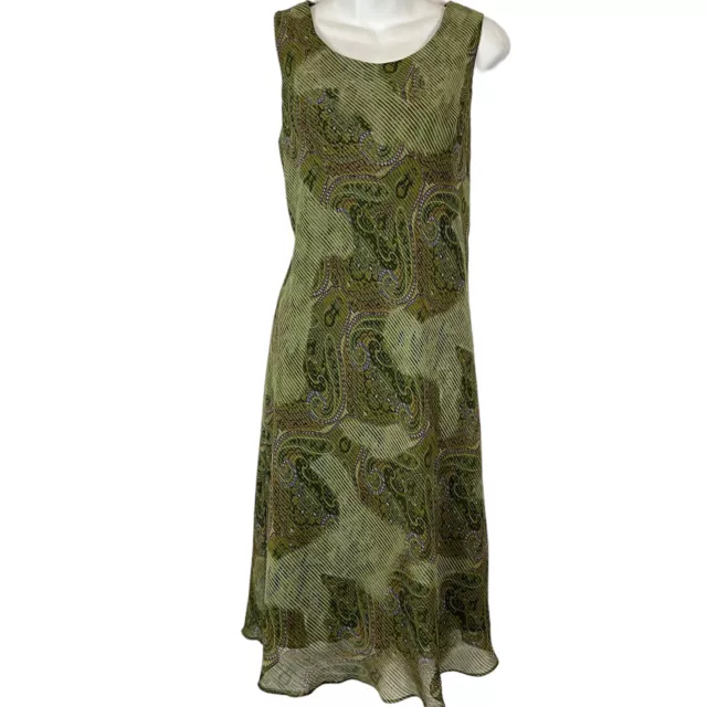 Studio I Petite Womens Olive Green Paisley Sleeveless Bias Cut Midi Dress sz 12