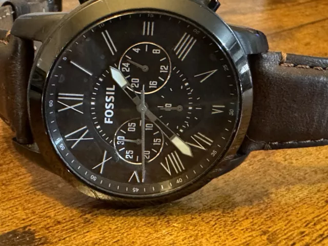 Fossil Chronograph with black dial, Roman numeral indices   brown leather strap