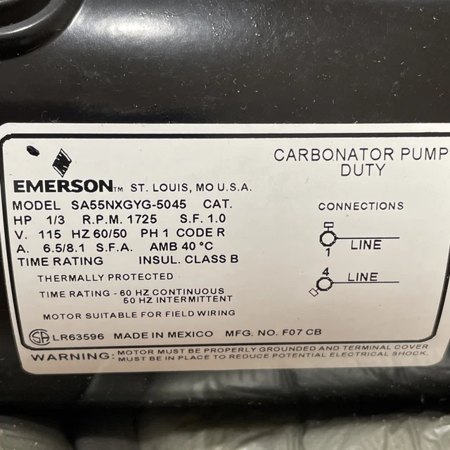 EMERSON 1/3HP SA55NXGYG-5045 Carbonator Pump Duty Motor 115V 60Hz ...