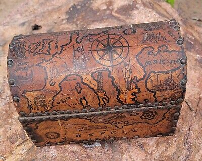 Vintage Handmade Wood Leather Treasure Map Chest Style Box