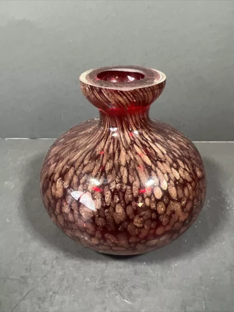 Murano Style Hand Blown Red Copper Speckle Art Glass Bud Vase