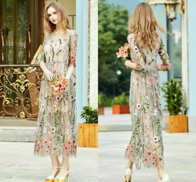 Womens Embroidered Lace Floral Boho Long Sheer Mesh Fashion Home Party Dress