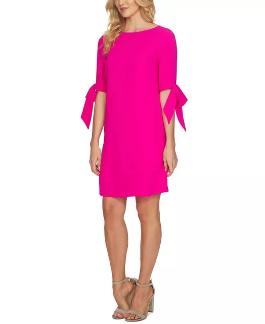 New Cece Moss Crepe Shift Dress 3/4 Tie Sleeve Mini Hot Magenta Pink Size 6