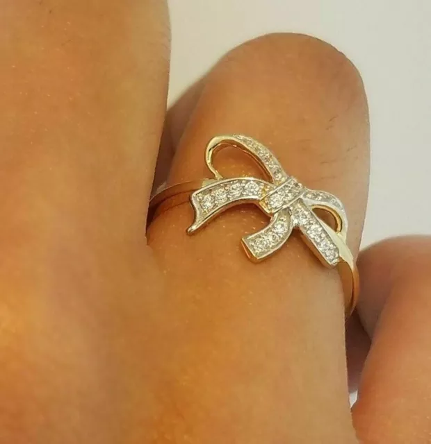 0.75 Ct Round Cut Simulated Diamond Bow Ribbon Ring Yellow Gold Plated Silver 3