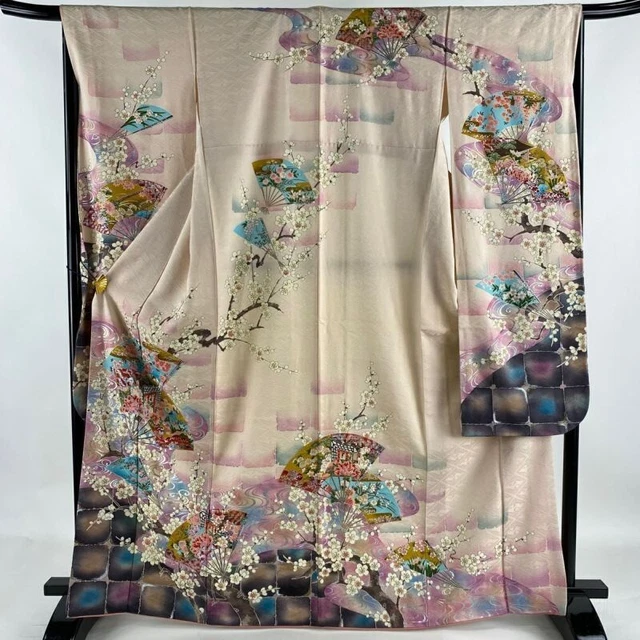 Japanese Kimono Furisode Pure Silk Folding Fan Branch Plum Lame Light Pink Color