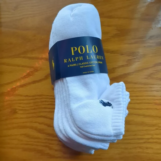 Polo Ralph Lauren Socks 6pk Sport White Ankle Quarter Crew Ribbed Pony