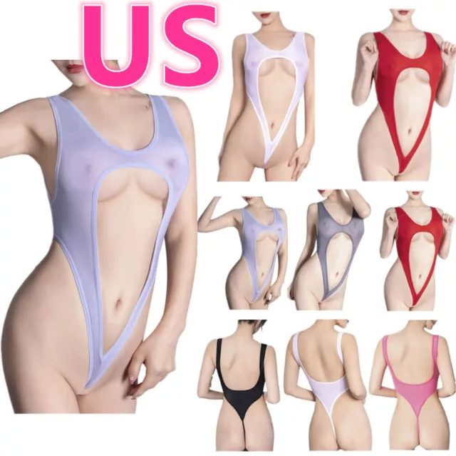 US Woman's Sheer One-piece Bodysuit Monokini Swimsuit Lingerie High Cut Leotard