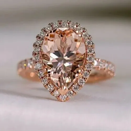 3.20Ct Pear Cut Lab Created Morganite Halo Engagement Ring 14K Rose Gold Plated