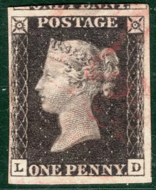 GB PENNY BLACK QV 1840 Stamp SG2 1d Plate 6 (LD) *STATE 1* CLEAR PROFILE REDB106