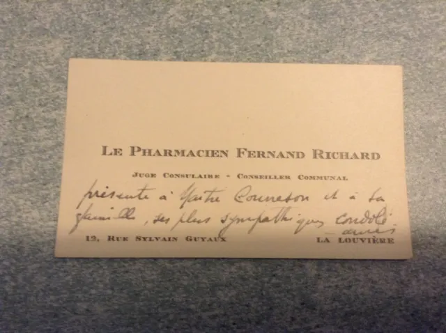"B"Ancienne carte de visite le pharmacien fernand richard,la louvière