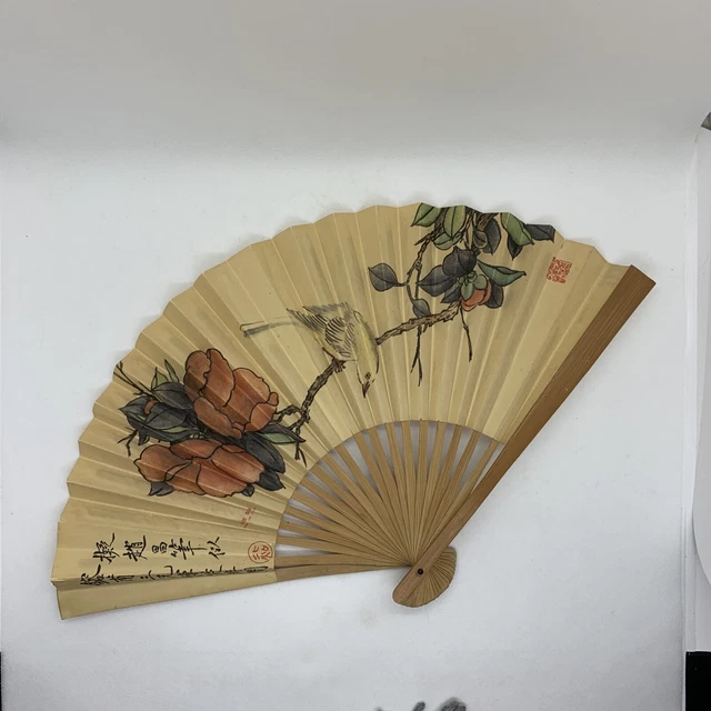 Vintage Chinese Fan Bird Flowers Paper & Bamboo Brise Hand 9” By 16”