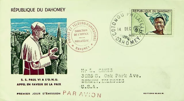 DAHOMEY BENIN 1968 SS PAUL VI APPEAL FOR PEACE AIRMAIL FDC W/ 40f TO BERWYN USA