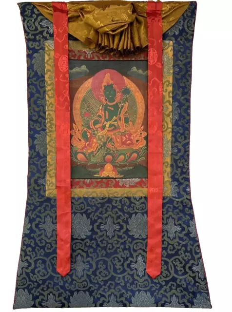 Original Green Tara Mother Goddess Tibetan Thangka Painting With Silk Brocade
