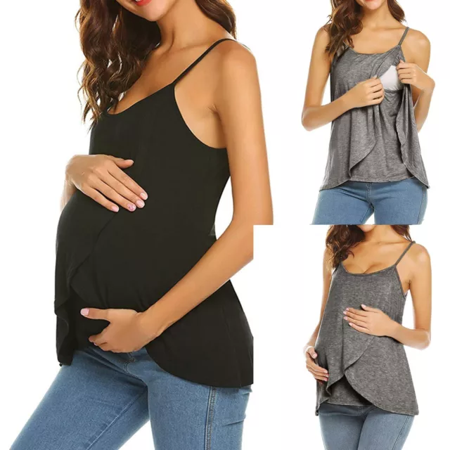 Women Pregnant Strappy Vest Nursing Tops Maternity Breastfeeding T-Shirt Blouse