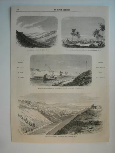 Gravure 1862. Egypte. Travaux Canal Isthme De Suez. Milieu Du Seuil D’el-Guisr..